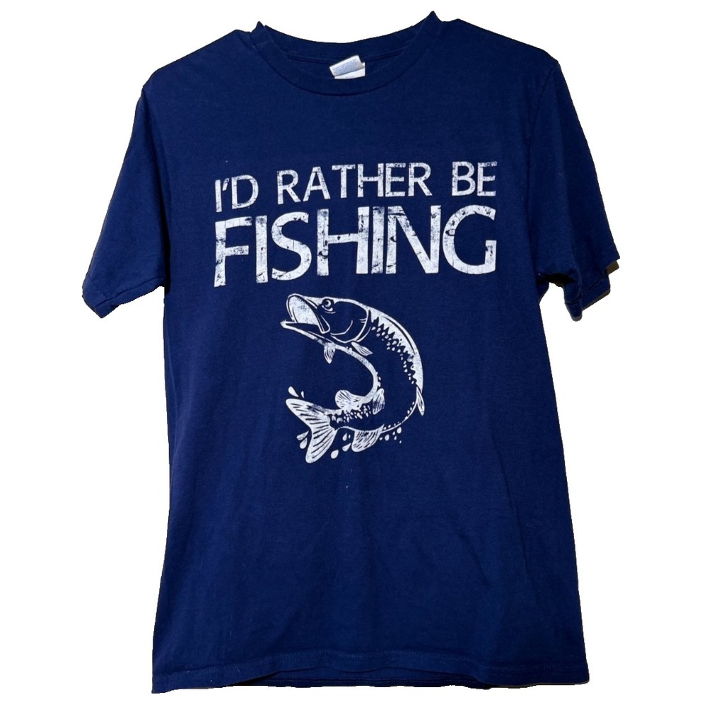 Vintage I'd‎ Rather Be Fishing Size Small Unisex T-Shirt Blue Cotton EUC